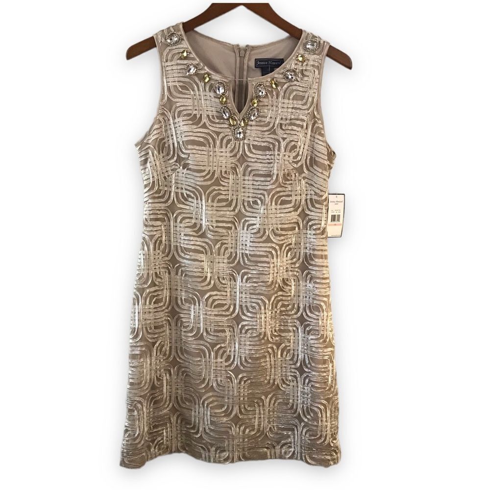 Jessica Howard Women's 10 Gemstone Sheath Dress Tan Cream Ribbon Embroidered New